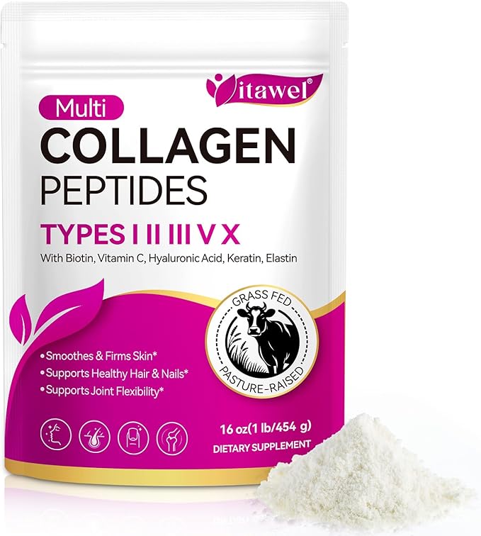 Multi Collagen Peptides Powder,Type I, II, III, V, X,with Biotin,Vitamin C,Hyaluronic Acid,Supports Healthy Joint, Hair, Skin & Nail Support,Grass-Fed, Non-GMO,16oz