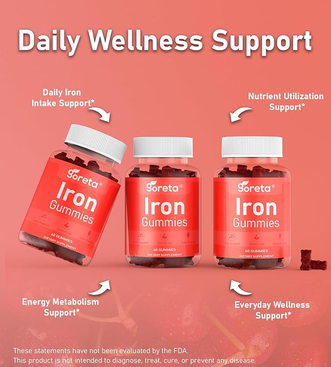 Iron Gummies for Women & Men, Gentle Iron Bisglycinate 25mg with Vitamin C, B12 & Folic Acid, Pectin-Based, Cherry Flavor, 60 Count (30 Servings)