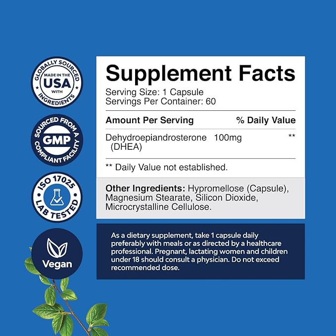 DHEA Supplement for Women & Men - DHEA 100mg per Serving for Hormone Balance, Mood Stability, Brain Function, Immune System & Energy - Dehydroepiandrosterone Capsules for Adults - 60 Count