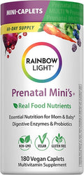 Rainbow Light Prenatal + Multivitamin for Women | 180 Vegan Caplets | Essential Nutrition for Mom & Baby | Real Food Nutrients, Digestive Enzymes, & Probiotics