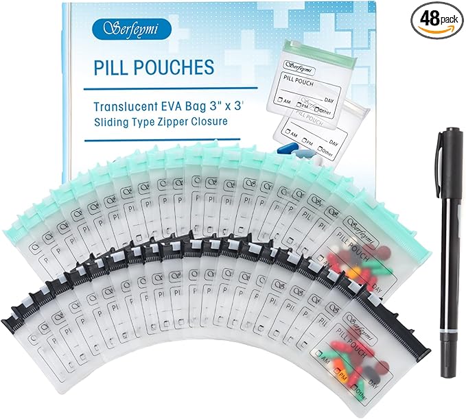 Serfeymi 48 Pcs Pill Pouch Bags for Travel Reusable Plastic Bags 3x3 Inch 12 mil (Double Sided) Translucent Zippered Pill Pouches for Medicine with Slide Lock & Writable Label, 1 Pc Marker-Green+Black