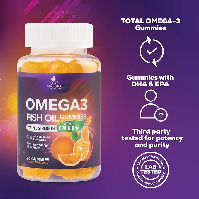 Omega 3 Fish Oil Gummies - 3X Strength Heart Health Support, High Absorption Omega 3 Fish Oil Gummy Supplement with DHA & EPA, Joint & Brain Support for Adults, Delicious Orange Flavor- 60 Gummies