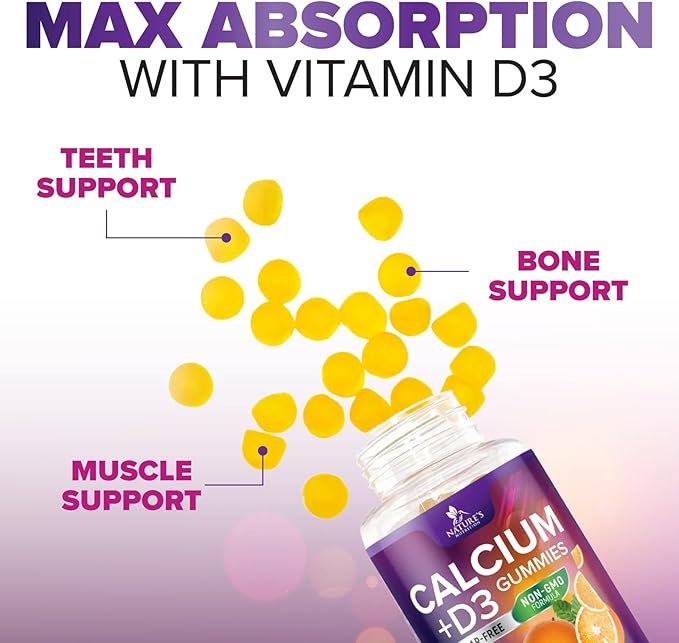 Calcium Supplement Gummies - Sugar Free Calcium Gummy with Vitamin D3 for Best Absorption - Supports Immune Health, Bones & Teeth - Nature's Calcium Chews for Women & Men - Orange Flavor - 60 Gummies