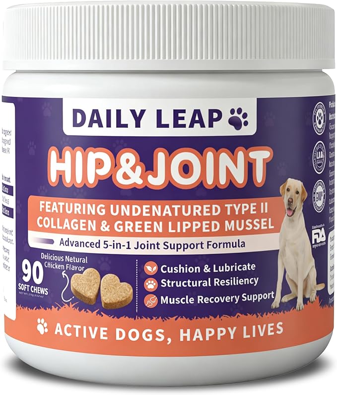 3g 90 Count Hip & Joint Supplement for Dogs with Undenatured Type II Collagen, MSM, Green Lipped Mussel, Glucosamine, Chondroitin Support Mobility, Chicken Flavored Soft Chews