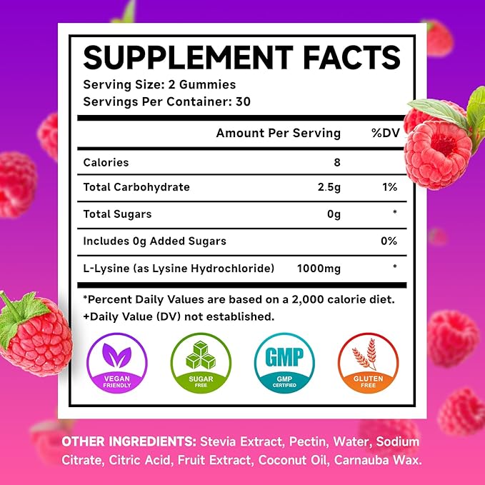 MEENCCD L-Lysine 1000mg Gummies, Lysine Supplement for Adults & Kids, Essential Amino Acid Supplement Supports Collagen Formation, Sugar-Free, Raspberry Flavor, 60 Count