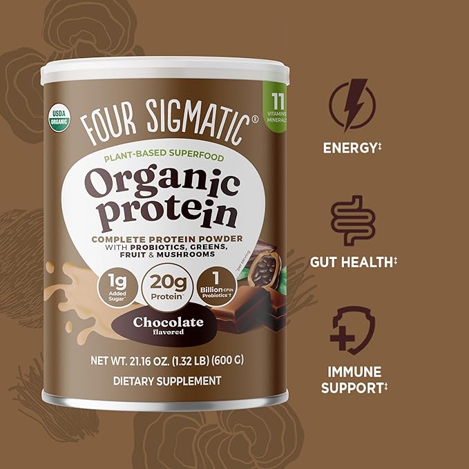 Four Sigmatic Organic Plant-Based Protein Powder | Clean Vegan Protein Elevated with Lion’s Mane, Chaga, Cordyceps and More for Brain Function and Immune Support | Creamy Cacao, 21.16 oz