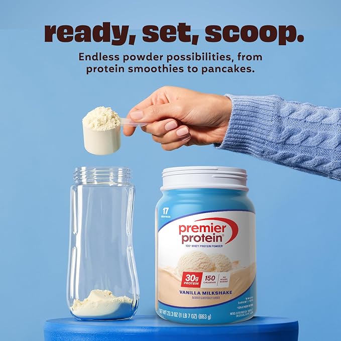 Premier Protein Powder, Vanilla Milkshake, 30g Protein, 1g Sugar, 100% Whey Protein, Keto Friendly, No Soy, Gluten Free, 23.3 oz (17 Servings)