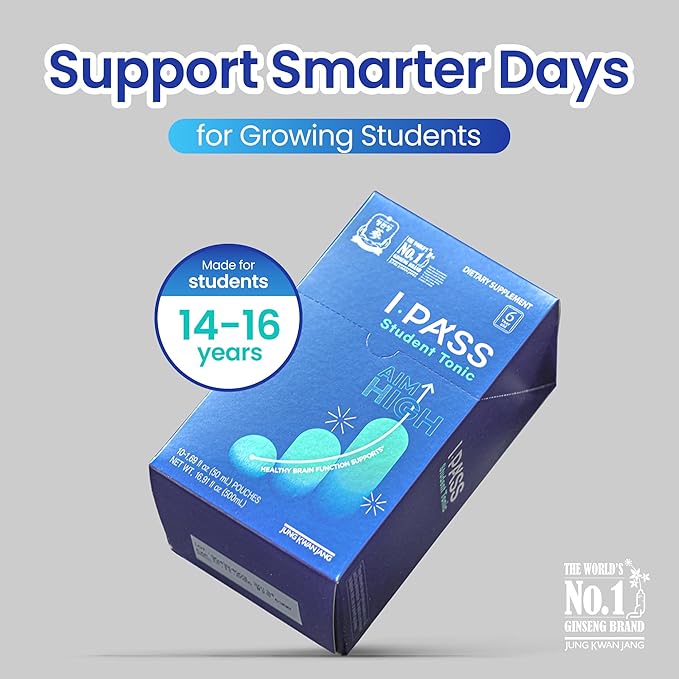 JUNG Kwan Jang iPass Student Tonic - Adaptogen Energy Drink Supplement with Korean Red Ginseng, Jujube, Astragalus & Angelica - Daily Support for School and Activities (30 Pouches, 1.69 fl oz)