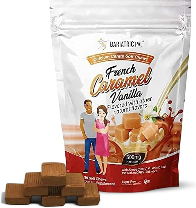 BariatricPal Sugar-Free Calcium Citrate Soft Chews | 500mg with Vitamin D & Probiotics | French Caramel Vanilla | 90 Count (1 Month Supply)