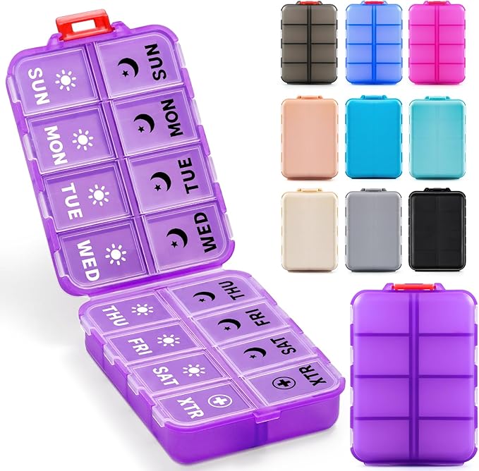 Foldable Weekly Pill Organizer 2 Times a Day with 2 Extra Compartments (Clear Printed Labels) - 7 Day AM PM Medicine Box, Week Daily Travel Pill Case Holder for Vitamin, Supplement - Clear Purple