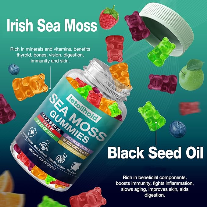 Sea Moss Gummies - Irish Sea Moss Gummies Advanced for Adults with Ashwagandha Bladderwrack & Burdock Root for Supports Immune，Energy - 60 Vegan Gummy,5PCS
