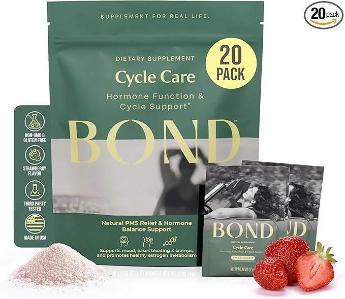 BOND Cycle Care – PMS Support Supplement & Hormone Balance for Women – Cortisol Reducer with Ashwagandha, L-Tryptophan, Magnesium, Cramps & Mood Relief, Strawberry Drink Mix - 20 Travel Packs