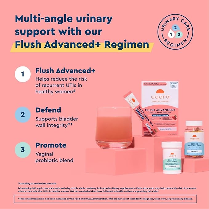 Uqora Flush Advanced+ Regimen with Flush Advanced+ (2 Pack) - Cranberry to Reduce Risk of Recurrent UTI** - Defend & Promote - D-Mannose, Vitamin C, Green Tea Extract & Probiotics - 3-Part Bundle