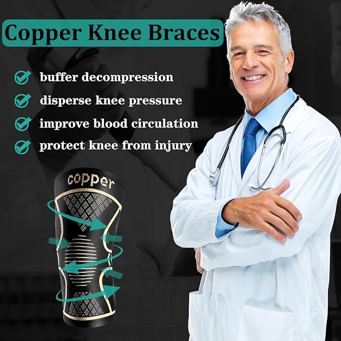 Copper Knee Braces for Women and Men 2 Pack, Knee Compression Sleeve for Knee Pain, Arthritis,ACL, Meniscus Tear, Joint Pain Relief, Knee Support for Running, Working Out, Fitness, Weightlifting-L