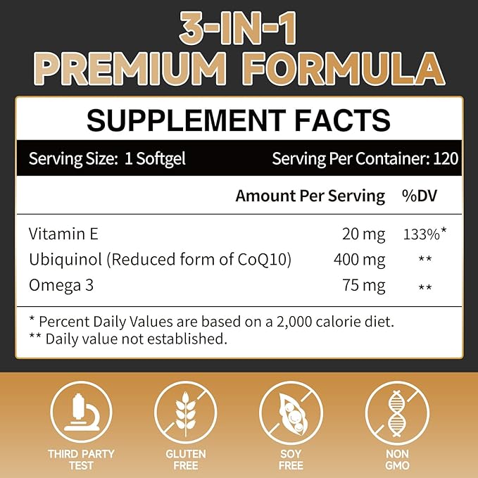 Ubiquinol CoQ10 400mg Softgels with Vitamin E & Omega-3, Max-Absorption Coenzyme Q10, Powerful Antioxidant, Supports Heart Health & Energy-Production,120 Count, Non-GMO