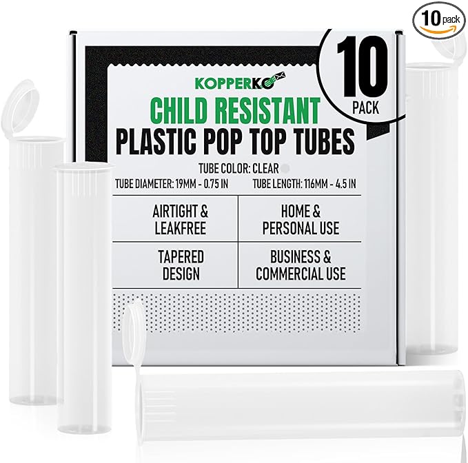 Kopperko Pop Top Pill Bottle (116mm, 4.6 Inch 10-Pack) | Child Resistant Small Container for Pills | Mini Storage Tube for Spices | Airtight, UV Resistant & Waterproof (Clear Plastic)