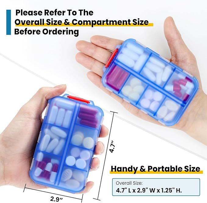 14 GRIDS Travel Pill Organizer Box with Labels - Travel Medicine Case Kit - Pocket Daily Pharmacy Container - Travel Medication Holder Dispenser for Fish Oil Vitamin Supplement Storage - Clear Blue