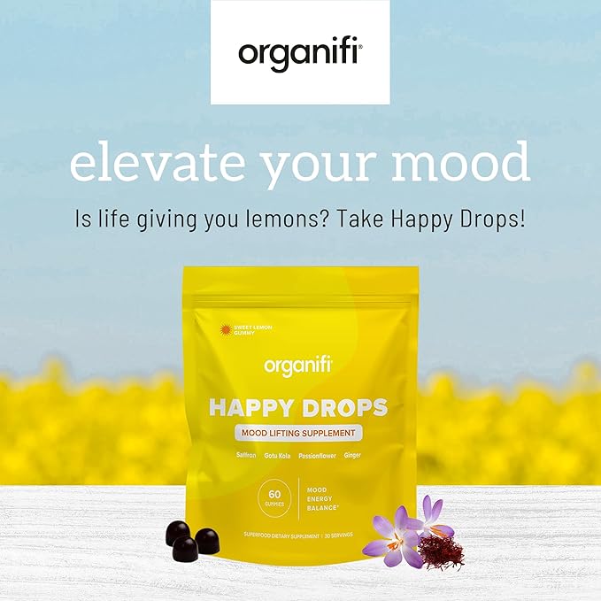 Organifi Happy Drops - Daily Superfood Happy Gummies for Adults - Mood Support Supplement for Balance, Bliss, Energy and Taking the Edge Off - Sweet Lemon Flavor - 60 Gummies
