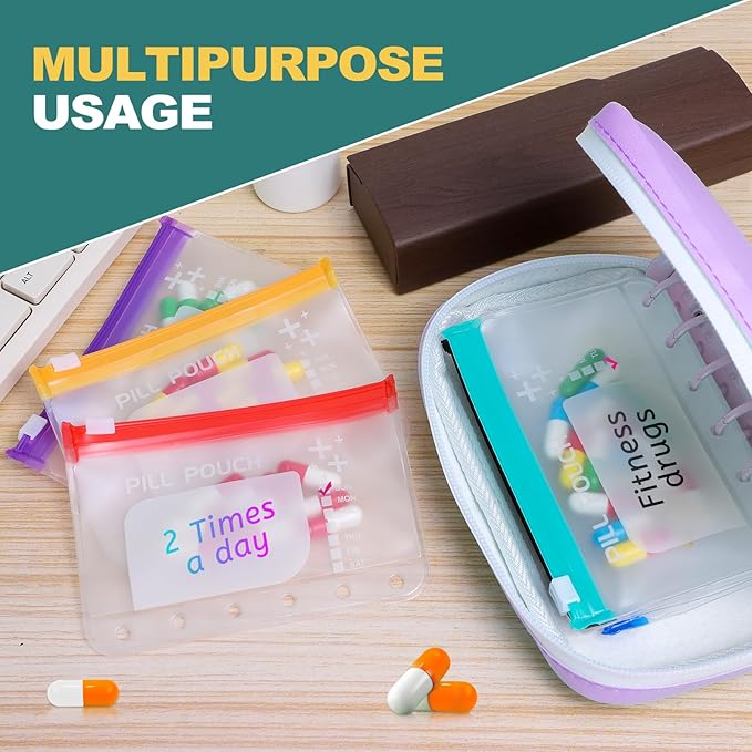 Timueetech A7 Waterproof Pill Organizer with 7 PCS L Size Zippered Pill Pouches for A7 Binder, Large BPA-Free Weekly Medicine Organizer, Color-Coded Reusable Travel Pill Storage System
