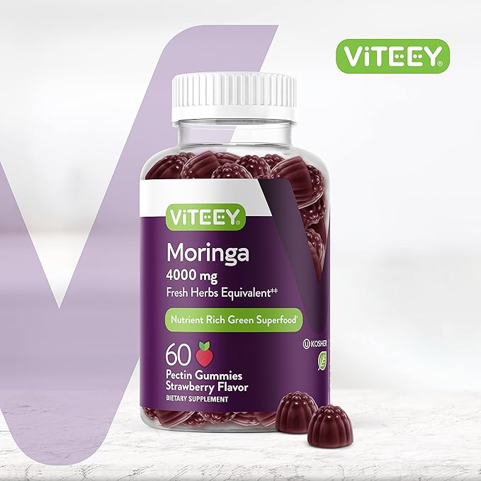 Viteey Moringa Gummies - 4,000mg [from 400mg of 10:1 Extract] of Moringa Supplement Super Greens Gummies - Antioxidant Wellness and Digestive Support - Vegan, Gluten Free - 60 Count