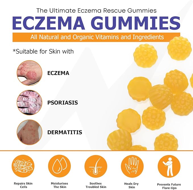 Sugar-Free Eczema Treatment Gummies — USA-Made, 10x Effective, 20+ Vitamins Support Eczema Treat, Psoriasis, Rosacea & Dermatitis — Healthy Skin, Soothes Itching & Redness (60 Gummies)