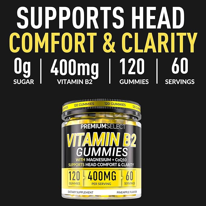 Vitamin B2 Gummies Riboflavin 400mg – 120 Gummies with Magnesium, CoQ10 & Vitamin B2 for Adults – Sugar Free B2 Vitamin 400mg for Energy, Head Comfort & Nervous System Support
