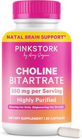 Pink Stork Choline - 550 mg Choline Bitartrate from VitaCholine for Pregnant + Postpartum Moms - Prenatal Vitamin for Fetal Cognitive Health + Breast Milk Quality - 1 Capsule Daily, 30 Count