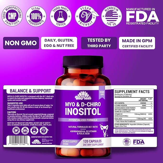 Myo-Inositol & D-Chiro Inositol 40:1 Supplement for Women – Hormone Balance, PCOS Support, Fertility & Ovary Health – with Folic Acid, Vitamin D3 & Ashwagandha – Non-GMO, Vegan, 120 Capsules