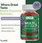 YUM-V'S Iron Gummies - Multivitamin Iron Supplement with Vitamin C, A, B & Zinc, Supports Blood Oxygen, Vegan Supplements for Women, Men & Kids for Growth and Development - Grape Flavor | 2-Pack