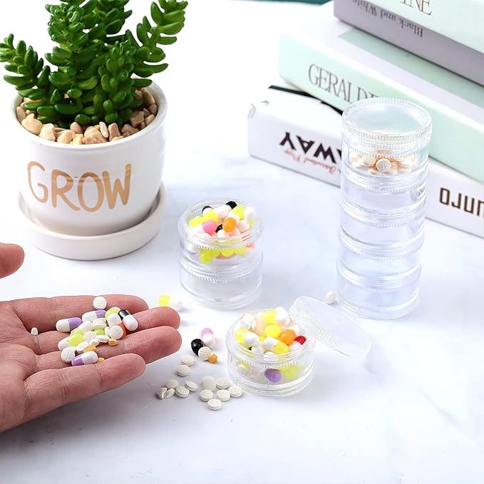 Sieral 4 Pack 7 Day Stackable Pill Organizers Round Pill Organizer Case Stackable Weekly Supplements Vitamins Individual Storage Container Boxes Holder Dispenser with Lids for Travel Medicine, Clear