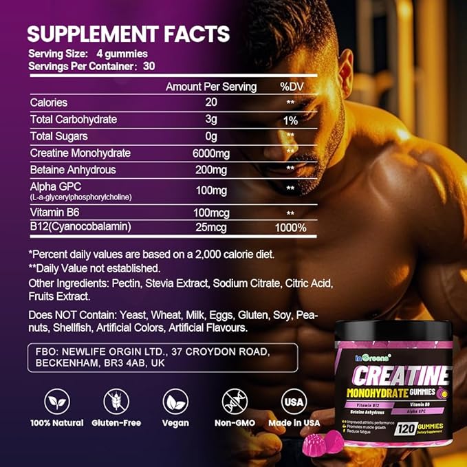 Creatine Monohydrate Gummies 6g for Men & Women, Potent Creatine Supplement, Chewables Creatine for Energy Boost, Increase Strength and Build Muscle, Gluten-Free, Sugar Free,120 Count