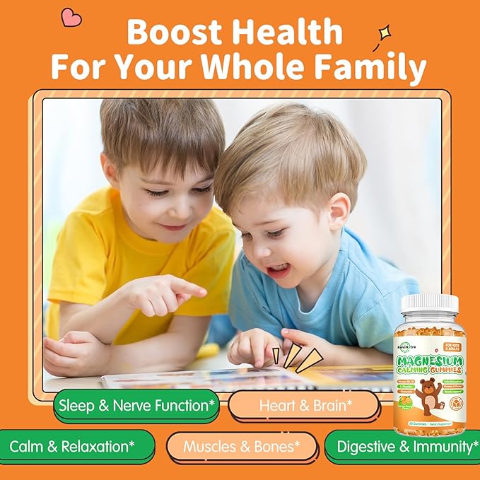 Magnesium Gummies for Kids - Magnesium Glycinate Gummies Supplement with L-Theanine, Vitamin B6, D3 for Adults & Kids, Calm Magnesium for Sleep, Relaxation, Brain, Bones,Sugar Free Orange 120ct