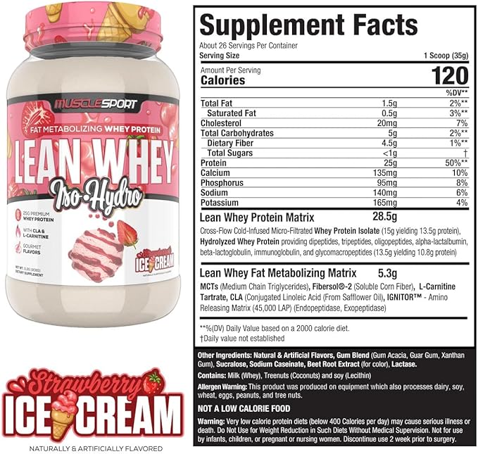 MuscleSport Lean Whey Revolution™ Protein Powder - Whey Protein Isolate - Low Calorie, Low Carb, Low Fat, Incredible Flavors - 25g protein per scoop (2LB, Strawberry)