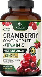 Cranberry Supplement Pills - 500mg Cranberry Extract & High Potency Vitamin C Per Serving - Urinary Tract Health Support for Women & Men - Vegan, Gluten Free, Non-GMO, Made in USA - 60 Capsules