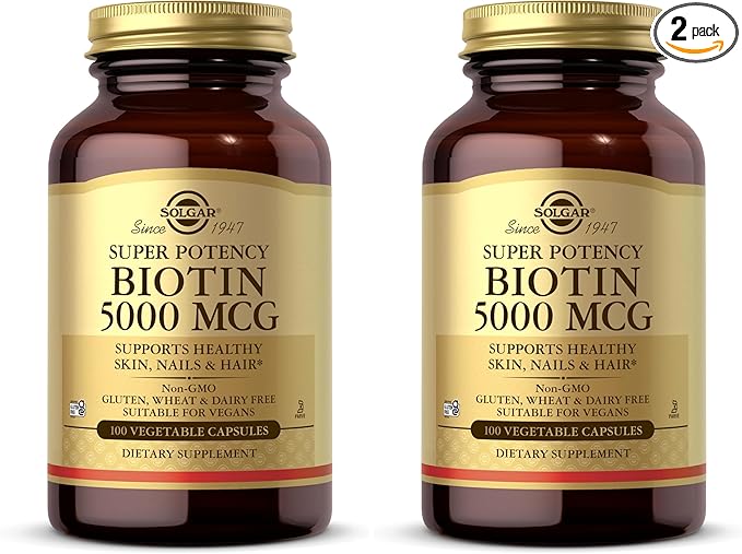 Solgar Biotin 5000 mcg,100 Veg Caps-Promote Healthy Skin,Nails&Hair-Supports Energy Production,Protein,Carbohydrate&Fat Metabolism-Vitamin B-Non GMO,Vegan,Gluten Free-100 Servings,(Pack of 2)