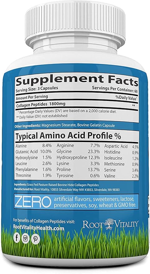 Root Vitality Collagen Peptides Capsules - Grass-Fed, Pasture-Raised Hydrolyzed Protein Supplement for Skin, Hair, & Nails - Non-GMO, Zero Sugar Daily Pills for Men & Women (180 Capsules)