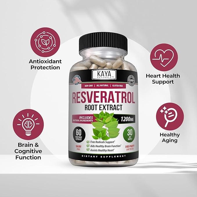 Kaya Naturals - Resveratrol Capsules - Anti Aging Supplement - Antioxidants with Brain Support - Maximum Benefits - 60 Veggies Capsules