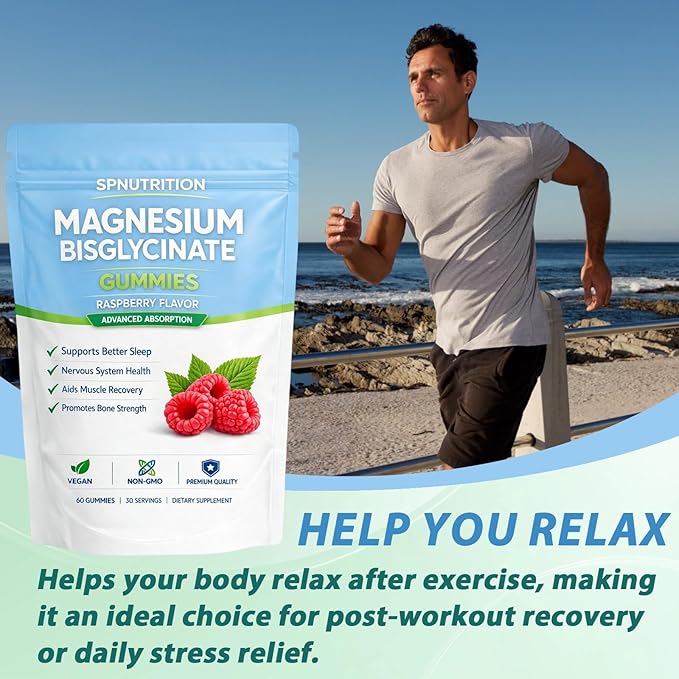 Spnutrition Magnesium Bisglycinate Gummies with 400mg Magnesium Bisglycinate Chelate,Sea Salt,Raspberry Fruit Powder,Improve Sleep,Vegan,Non-GMO,Daily Mineral Support,60 Count