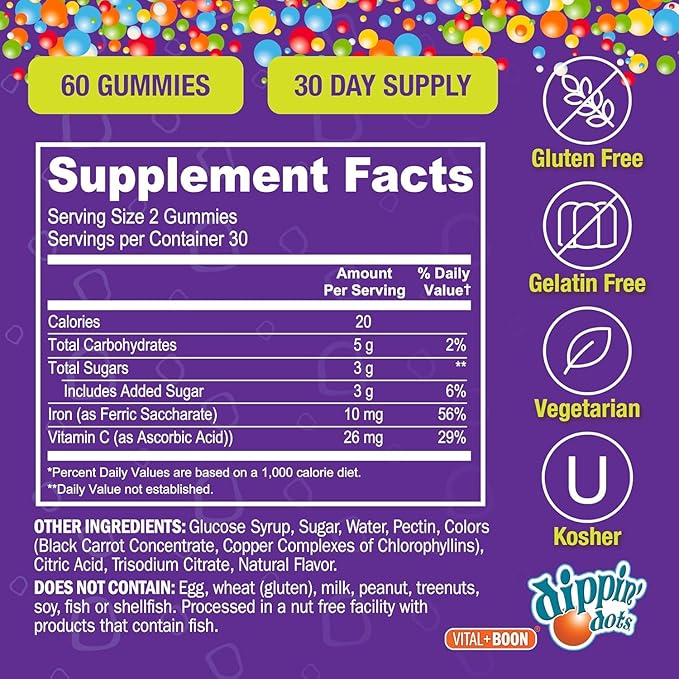 Vital+Boon Dippin' Dots Iron Gummies with Vitamin C & B12 – Gum Drop Grape, 60 Count (2 Pack) – Gluten & Gelatin Free, Non-GMO Supplement for Women, Men & Kids – 60 Day Supply
