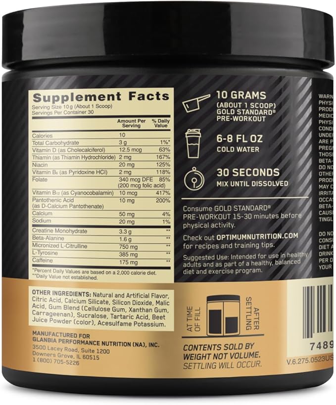 Optimum Nutrition Gold Standard Pre-Workout,Vitamin D for Immune Support,with Creatine,Beta-Alanine,and Caffeine for Energy,Keto Friendly,Watermelon Candy,30 Servings (Packaging May Vary),(Pack of 2)