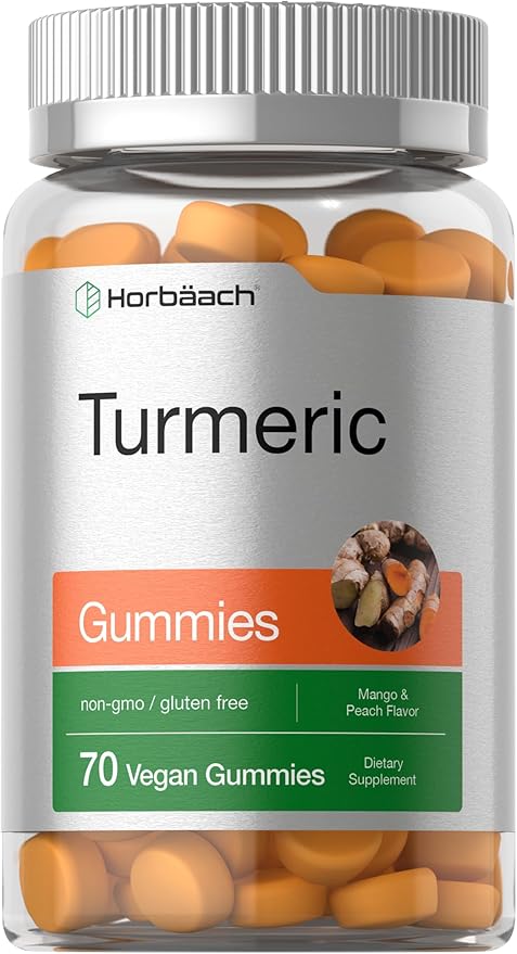 Horbäach Turmeric Gummies | 70 Count | Mango & Peach Flavor | Turmeric Curcumin with Ginger | Vegan Non-GMO & Gluten Free Supplement