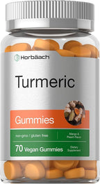 Horbäach Turmeric Gummies | 70 Count | Mango & Peach Flavor | Turmeric Curcumin with Ginger | Vegan Non-GMO & Gluten Free Supplement