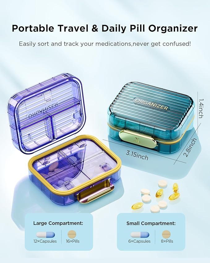 Acedada Small Pill Box, Travel Pill Organizer, Compact 7-Compartment Moistureproof Pill Case for Purse, Chic Daily Pill Container, Portable Medicine & Vitamin Holder for Fish Oil & Supplements, Purple