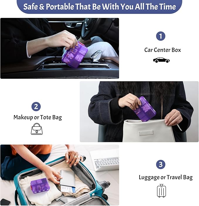 Foldable & Portable Weekly Pill Organizer 2 Times a Day with Clear Printed Labels - 7 Day AM PM Medicine Box, Week Daily Travel Pill Case Holder for Medications, Vitamin, Supplement - Clear Purple