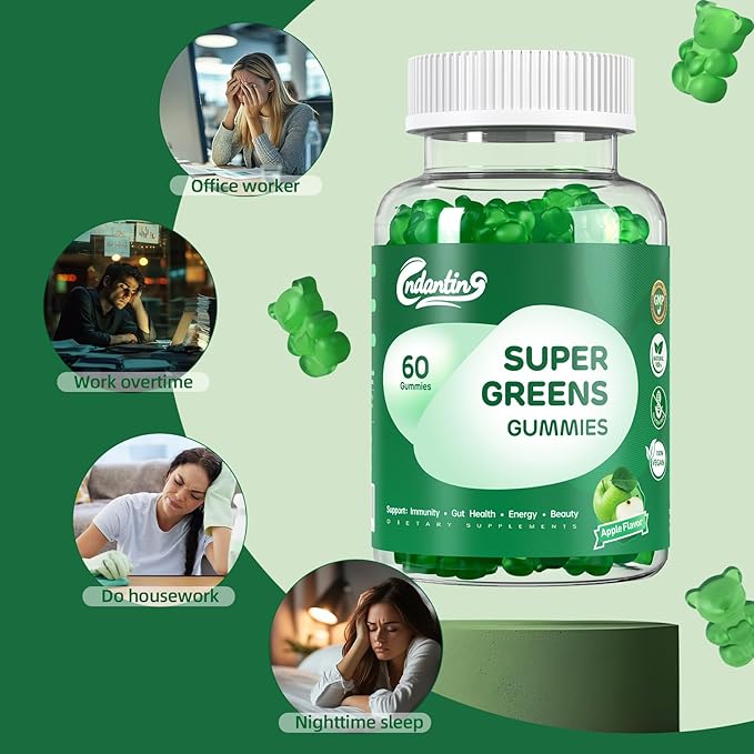 Multivitamin Super Greens Gummies - Daily Vegan Gummy Vitamins for Women, Apple Flavor | Organic Blend with Vitamin C, Turmeric, Zinc, Immune Support, Energy Booster, Metabolism | 60 Count
