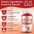 Iron Supplement Gummies, 65mg Iron for Women Men Kids, Natural Vegan Iron Gummy with Folate Gentle on Stomach, Gluten Free, Energy Support & Immune Health, 60 Gummies