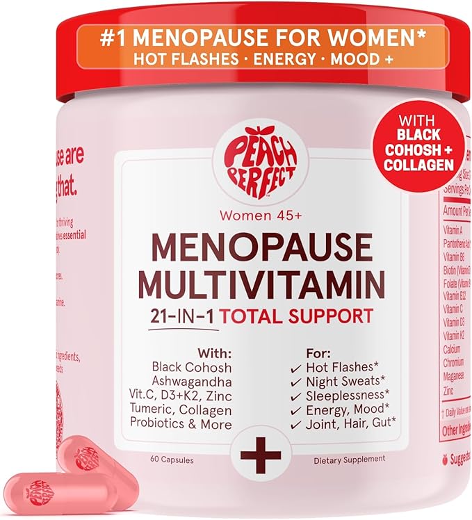 Peach Perfect Menopause Multivitamin | 21 Vitamins for Women 45+ | Black Cohosh, Ashwagandha, Vitamin D3+K2, Probiotics & Collagen | Support for Hot Flashes, Mood Swings, Joint & Skin Health | 30 SVG