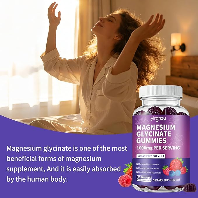 Magnesium Glycinate Gummies 1000mg, Sugar Free Magnesium Supplement with Potassium, Vitamin D, B6, CoQ10 for Sleep Support, Stress & Muscle Relief - 60 Mixed Berry Flavored Gummies