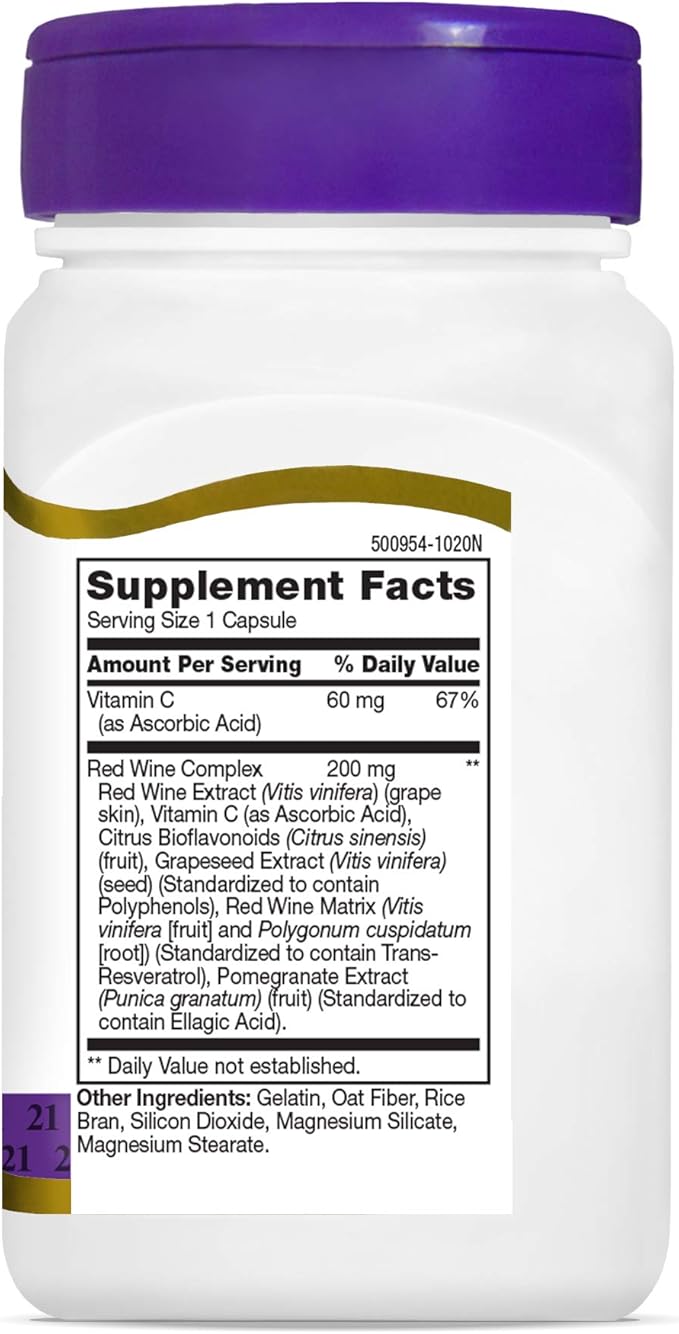 21st Century Resveratrol Red Wine Extract Capsules (90 Count), Resveratrol Supplement with Grapeseed Extract, Polyphenols, & Vitamin C for Antioxidant Support, Gluten-Free & Non-GMO, No Added Sugar