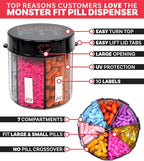 XL Supplement Pill Dispenser Bottle, 7 Compartment, Labels, Easy Open, Anti-Mixing, UV Protected Organizer, Extra Large Monthly Vitamin, Monster Fit Medication Holder Includes Premium Medisafe App
